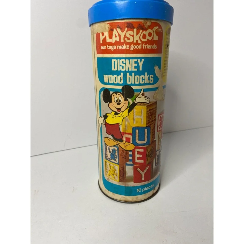 VINTAGE PLAYSKOOL DISNEY WOOD BLOCKS (15) IN ORIGINAL CAN 1974 Toy B1